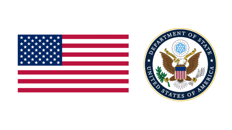 Bandera de Estados Unidos y sello del Departamento de Estado